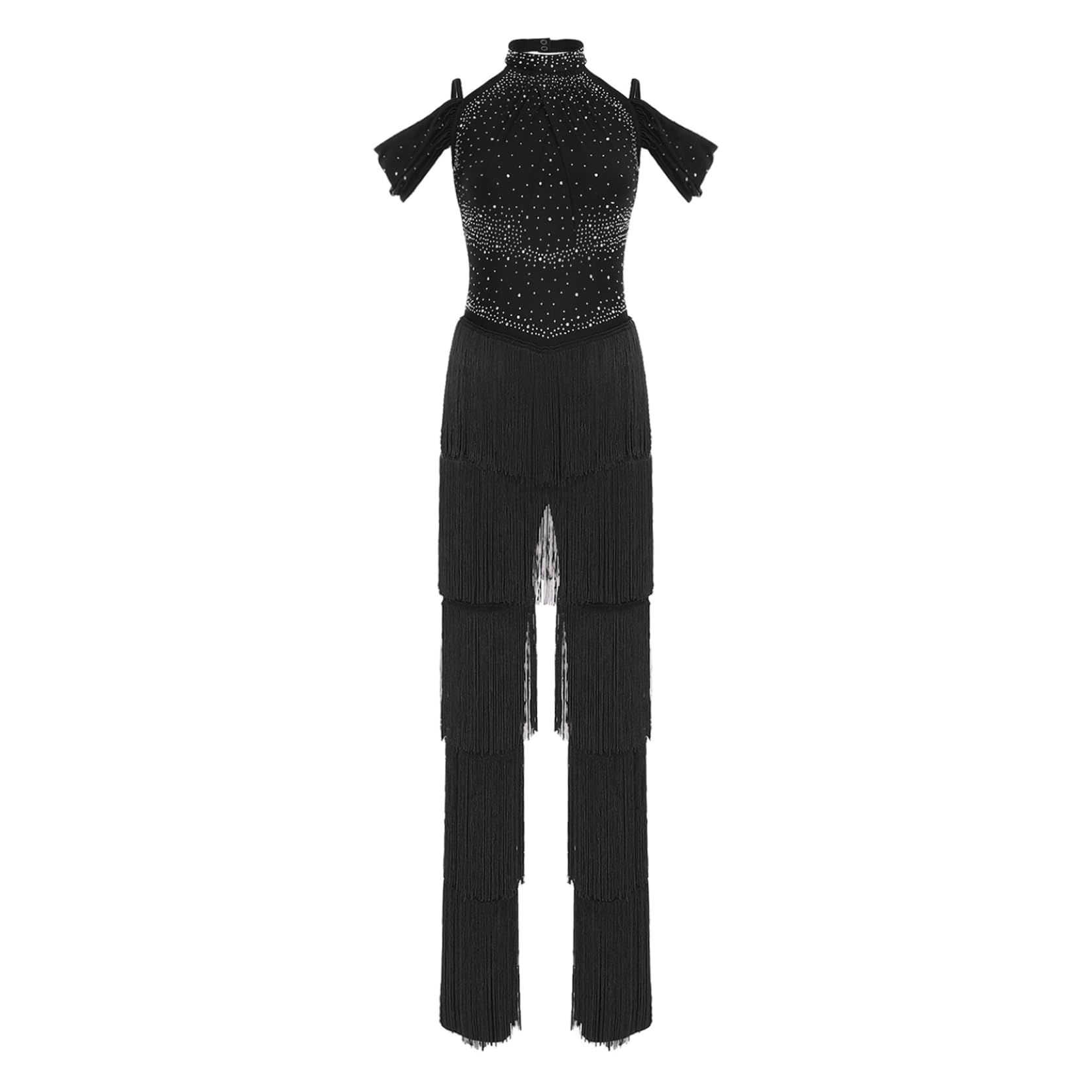 inlzdz Damen Latein Tanz Overall Einteiler Jumpsuit Off Shoulder Tanzanzug mit Glitzer Fransen Swing Samba Cha Cha Ballroom Wettbewerb Outfit