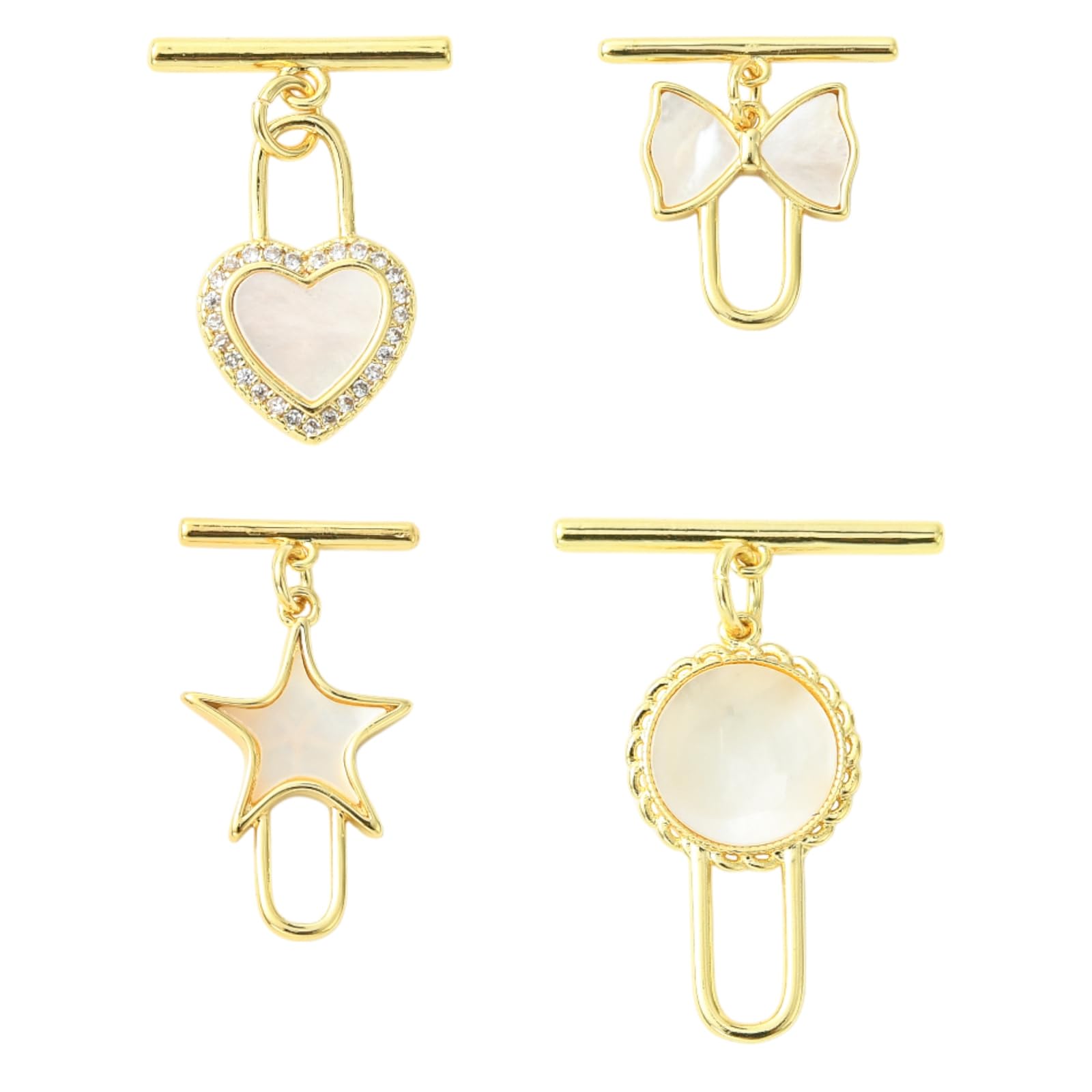 Stiesy 4 Pcs 4 Styles Real 18K Gold Plated Brass Toggle Clasps with Shell Beads Heart Star Bowknot Shape Jewelry Clasps for DIY Jewelry Making Findings — image 1