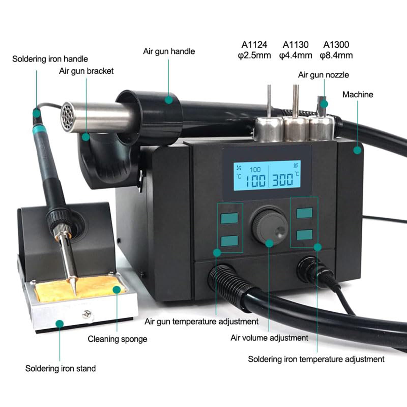 Stacja lutownicza 700 W z wyświetlaczem cyfrowym, ekranem LCD, 3 dyszami, przepływ powietrza 40 l/min, narzędzie do rozlutowywania do naprawy elektroniki i pracy obwodów