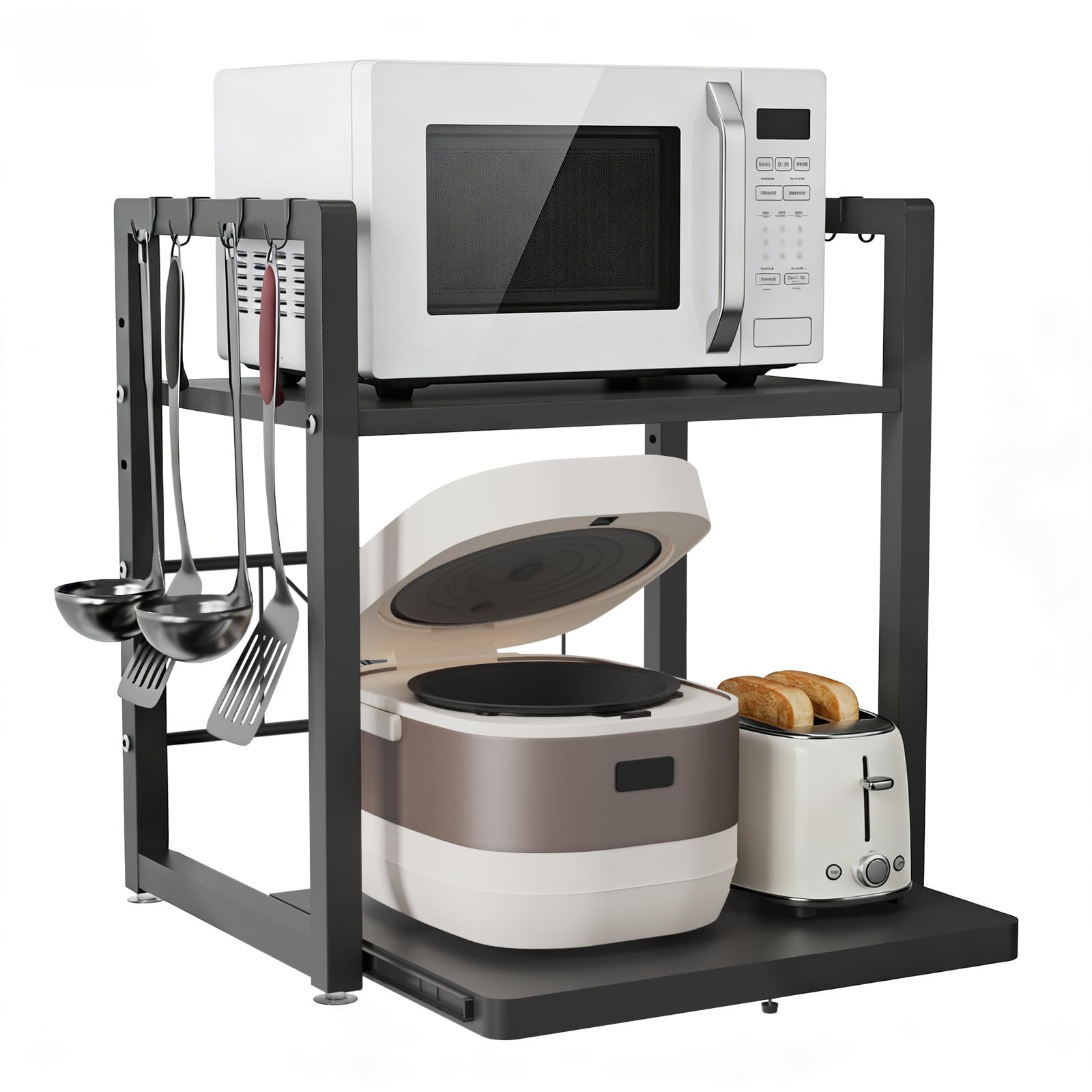Soporte Microondas Estante 2 Niveles con Cajón, Ajustable 37/55 cm | Luz Espejo Baño LED con Interruptor, 4000K Luz Neutra para Maquillaje, Afeitado y Cuidado Diario Frente al Espejo