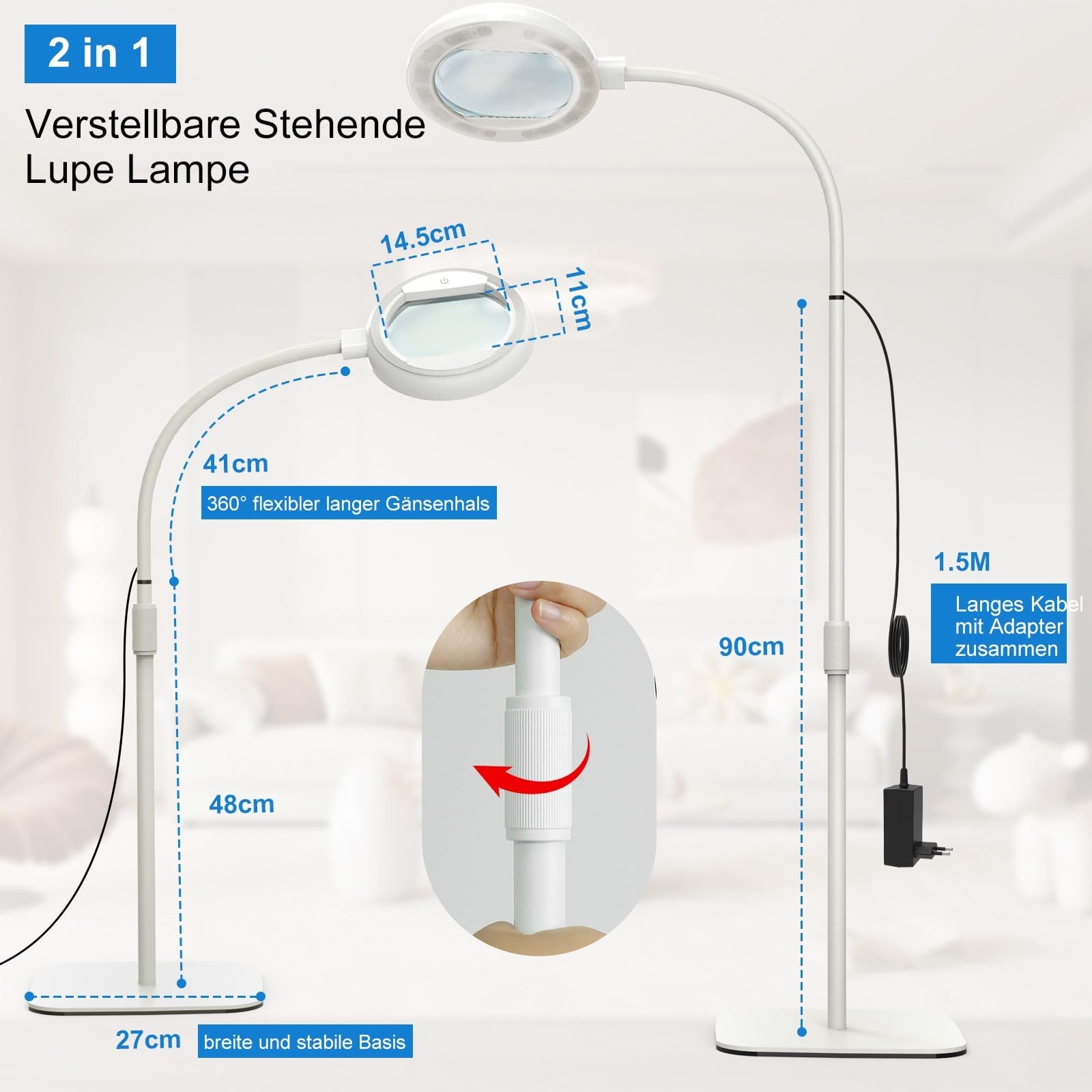 8 x lupa ze światłem i stojakiem, 56 diod LED, możliwość ściemniania, lampa stojąca z 3 trybami kolorystycznymi, 2 w 1, duża lupa, lampa podłogowa do szycia, malowania, rzemiosła artystycznego