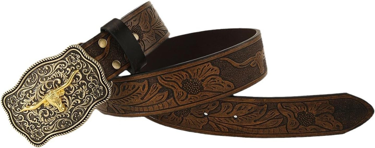 Cumnvulnt Western Leather Cowboy Belt for Men Women, Longhorn Bull Floral Engraving Brown Large Buckle Cowgirl Belt (36-42" Waist)
