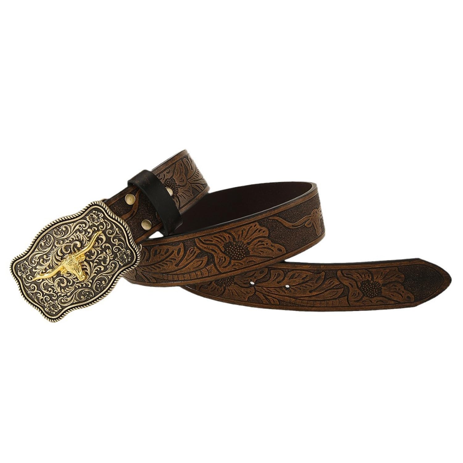 Cumnvulnt Western Leather Cowboy Belt for Men Women, Longhorn Bull Floral Engraving Brown Large Buckle Cowgirl Belt (36-42" Waist)