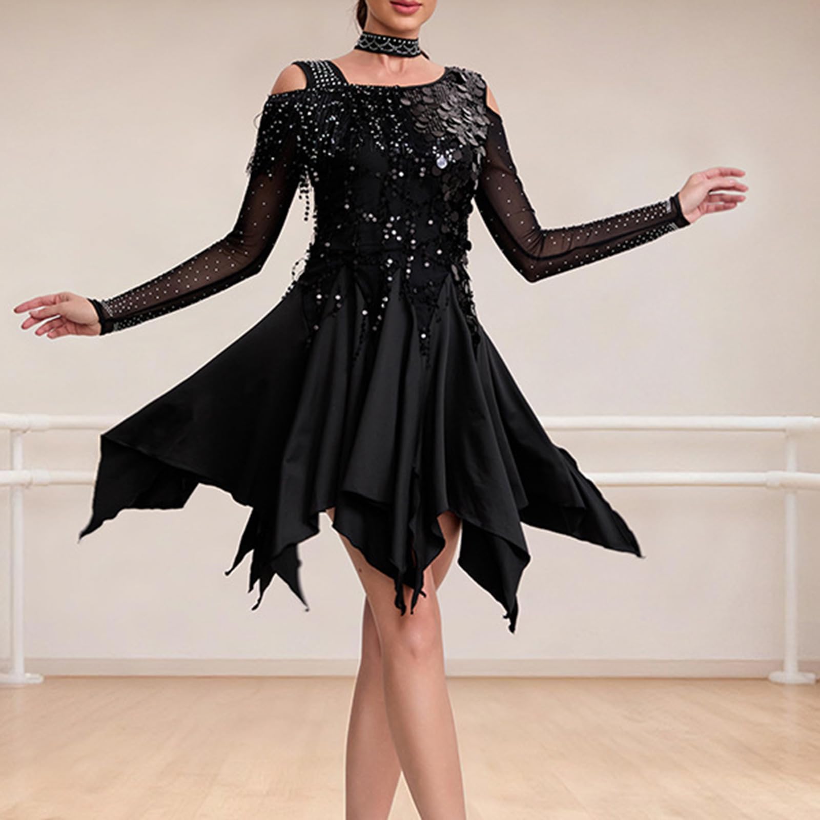 Greabuy Warmes, langärmeliges Latein-Tanzkleid, glitzernde Fransen, ideal für kaltes Wetter, Latein-Tanzkleid