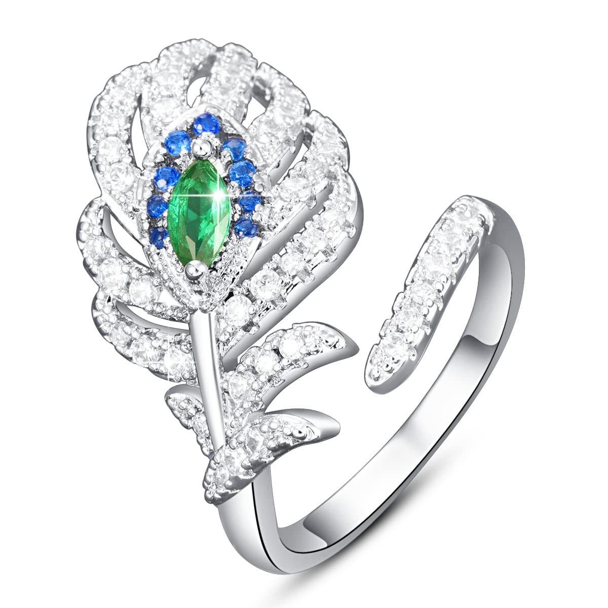 Emsione Cubic Zirconia CZ Pave Feather Open Ring Anniversary Wedding Engagement Ring Band for Women