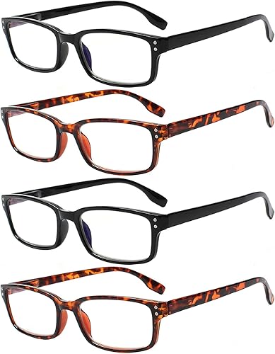 Kerecsen 4 unidades de gafas de lectura para hombre y mujer con bisagras de resorte, ligeras, rectangulares, negras, Mediana