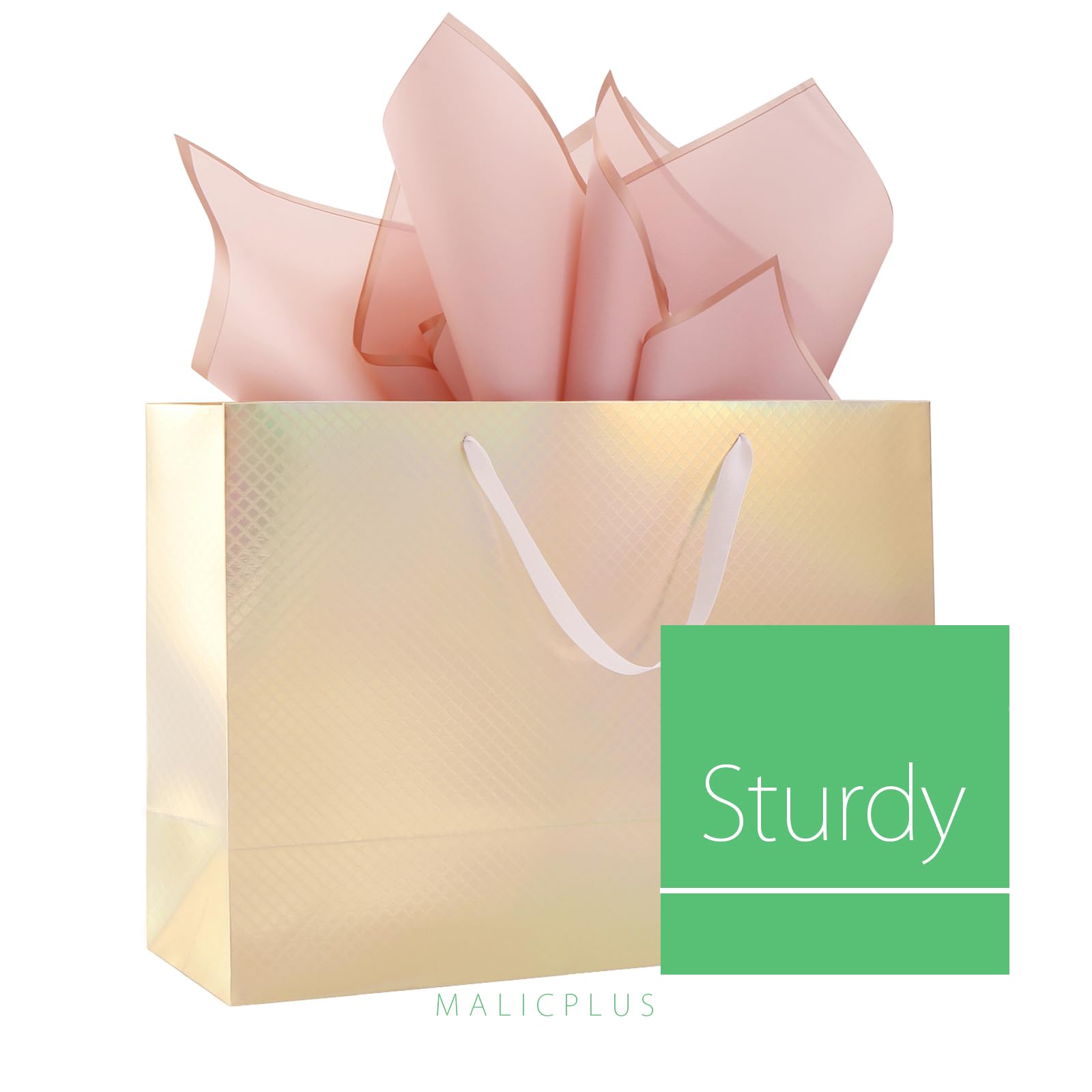 MALICPLUS 12 bardzo dużych torebek prezentowych, 40 x 15 cm, luksusowe, holograficzne, złote, duże torby na prezenty z uchwytami na każdą okazję (wykończenie z fakturą kratki