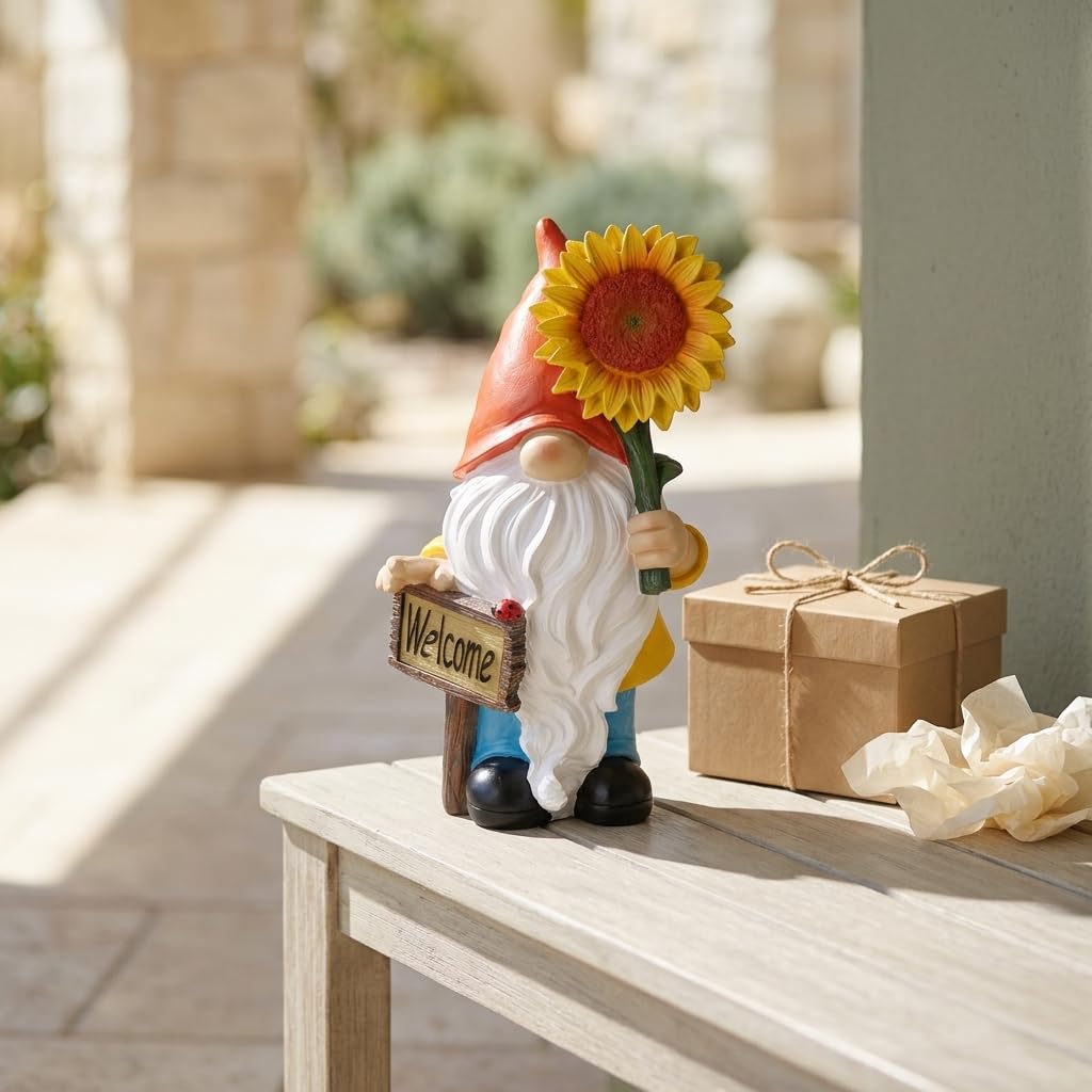suruim Estatua de gnomo de jardín con luces LED, figura de Tomte Nisse de resina de girasol de 12 pulgadas con letrero de bienvenida, decoración de jardín al aire libre para patio, césped, patio