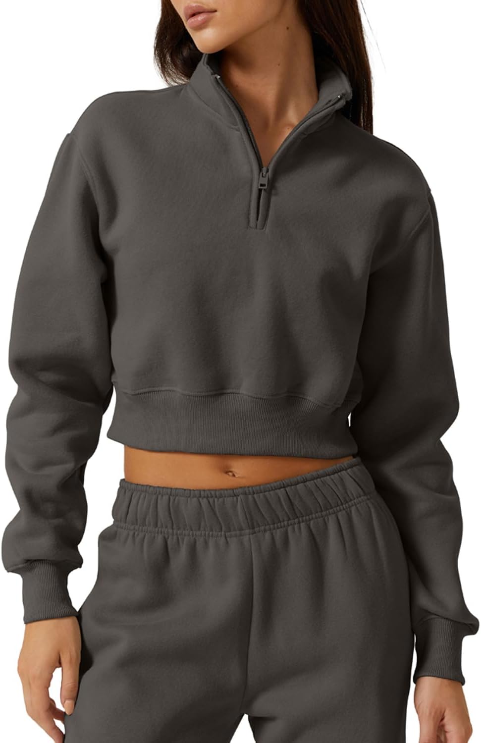 QINSEN Womens Half Zip Crop Sweatshirt High Neck Long Sleeve Pullover Cropped Top