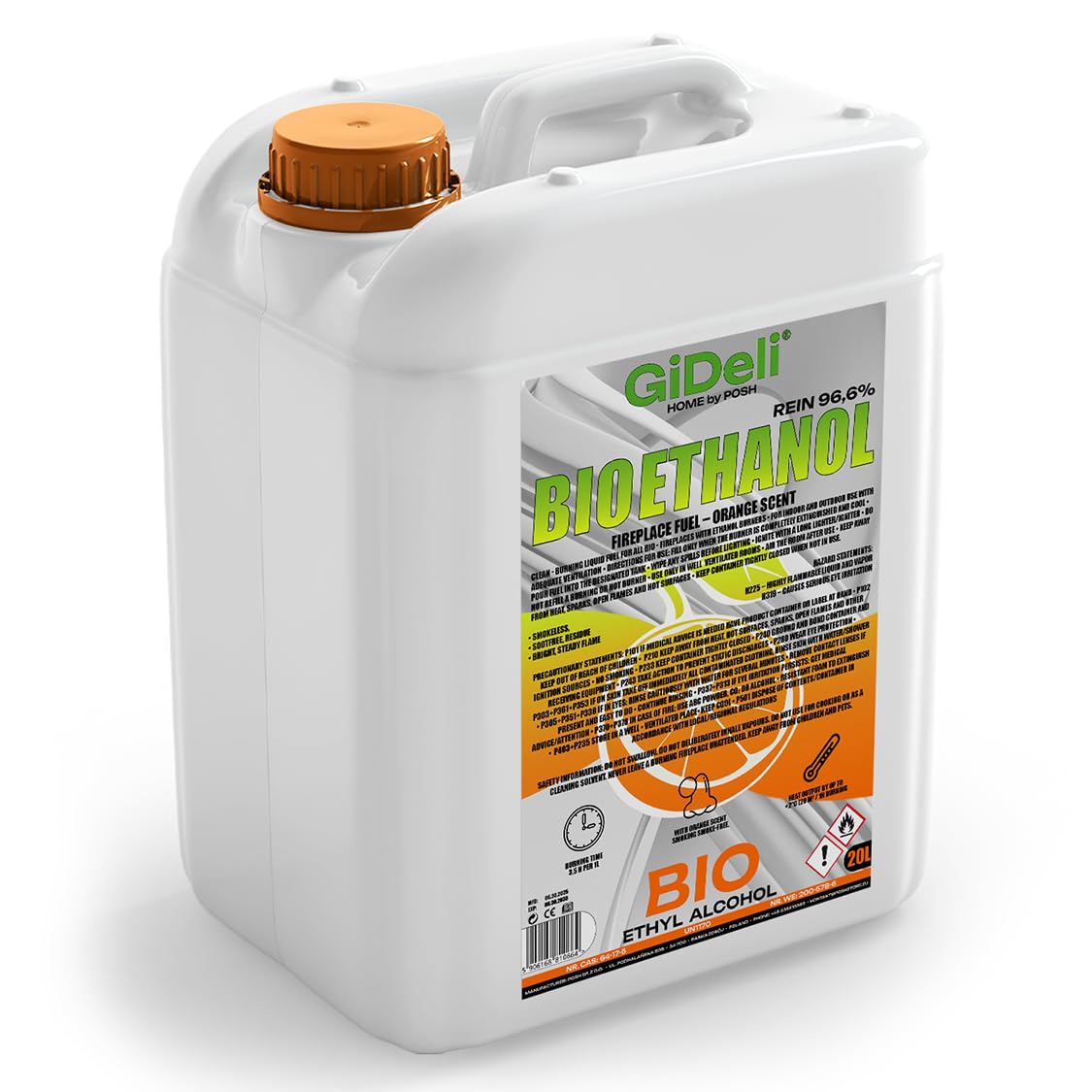 GiDeli Bioetanolo 20 l profumo d'arancia 96,6% etanolo per camini interni ed esterni, senza fumo e fuliggine, da mais e barbabietola da zucchero