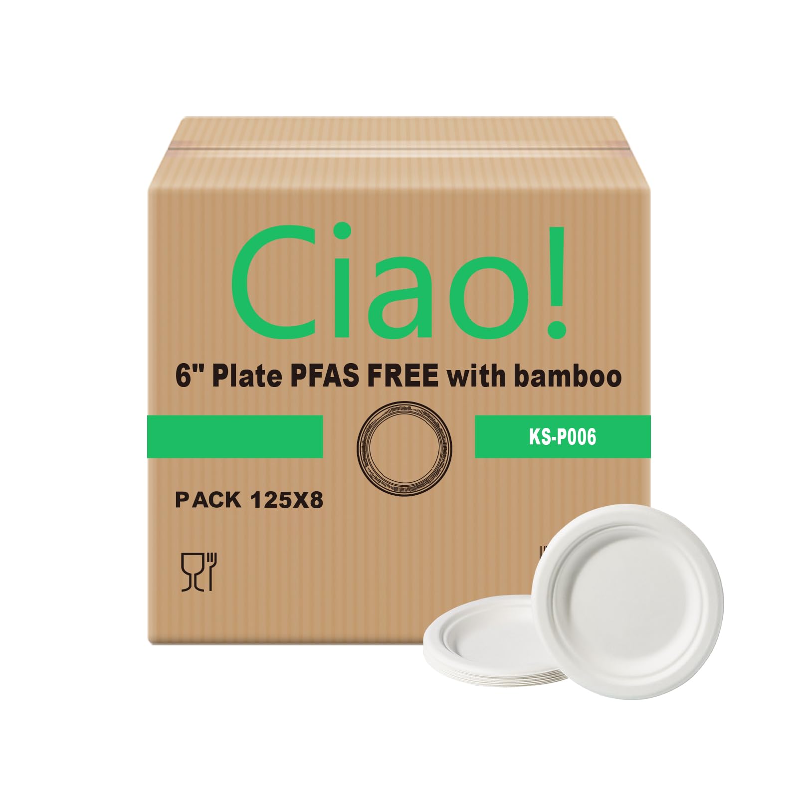CIAO! 6" Heavy Duty Plate 100% Compostable Ecofriendly PFAS Free Unbleached Bagasse Natural White (Pack of 1,000)