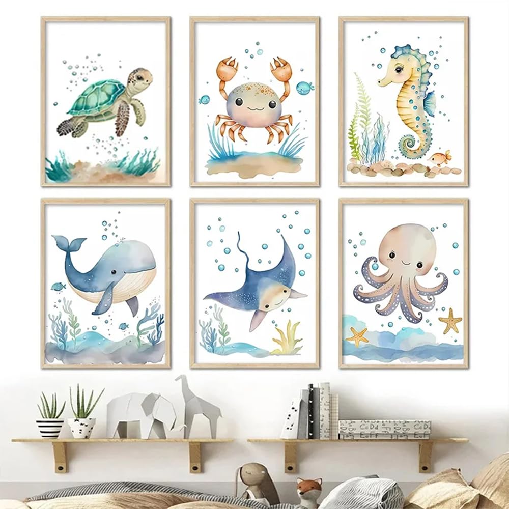 BeiYiHo Affiche Theme Mer Enfant Tableau Animaux Marins Decoration Mer Chambre Enfant Bleu Tableau Ocean Chambre Bebe Tortue Baleine Poisson Hipocampe Toile Poster Deco Marine Chambre Garcon
