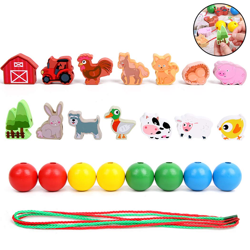 Funpa Farm Animals Wooden Toy Stringing Toy Kids Lacing Bead Set Developmental Toy Play Toy