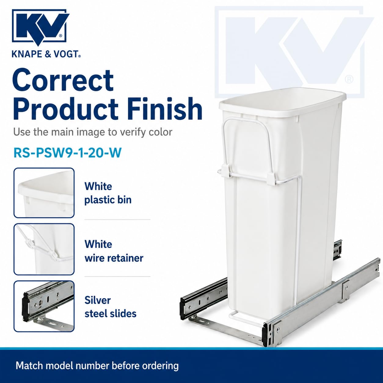 Knape & Vogt RS-PSW9-1-20-W Abfalleimer, 43,2 x 20,3 cm (H x B x T), Stahl, 20 Qt. Einzelner weißer ausziehbarer Mülleimer