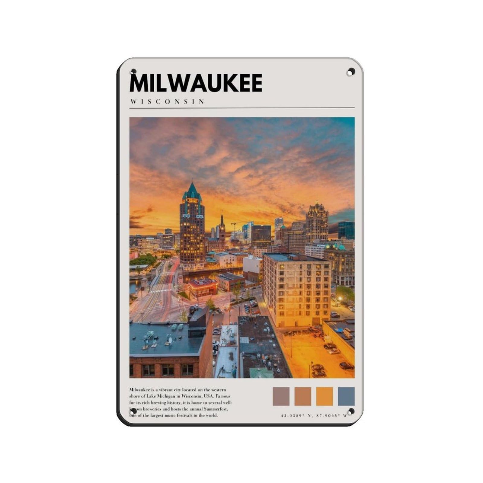 Milwaukee Poster Milwaukee Wisconsin Art Retro Poster Metal Tin Sign Chic Art Retro Iron Painting Bar People Cave Cafe Family Garage Poster Wall Decoration 8x12inch(20x30cm)