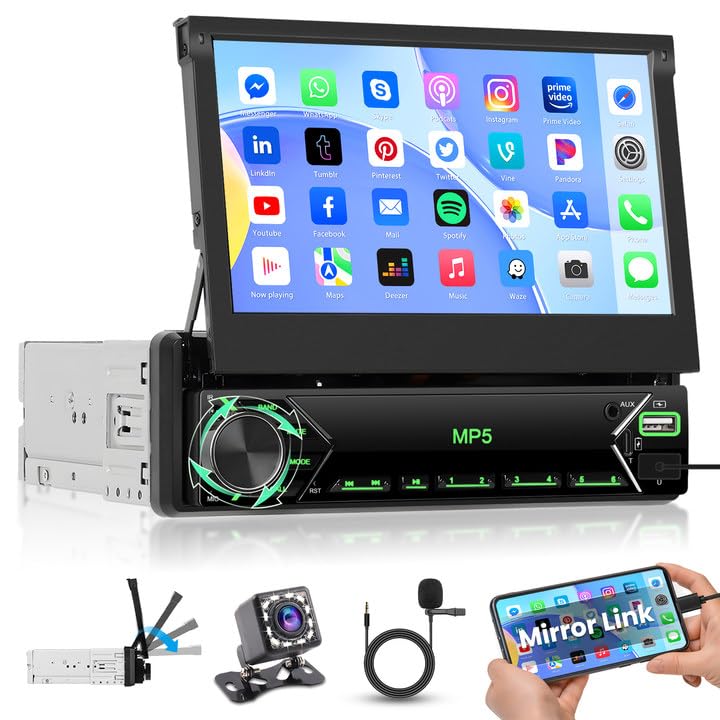 Hikity 1 DIN Radio Coche con Retráctil Manual 7 Pulgadas IPS Touchscreen Wired Mirror Link FM Radio con 2USB Type-C AUX IN Mic EQ SWC Bluetooth Autoradio Same Vedio Sharing
