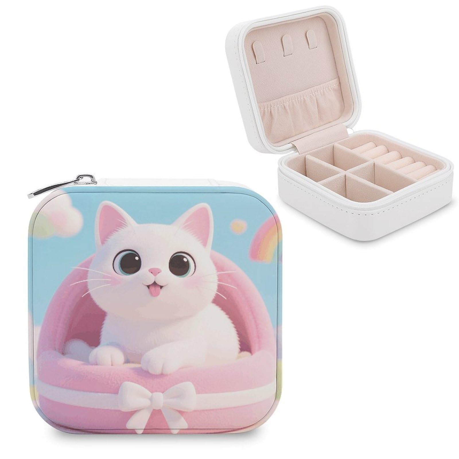 VstaDank Cat Cute Jewelry Box for Women Jewelry Organizer Storage Case with Zipper Mini Travel Jewelry Case Cute Trinket Organizer Leather Portable Jewelry Storage Box