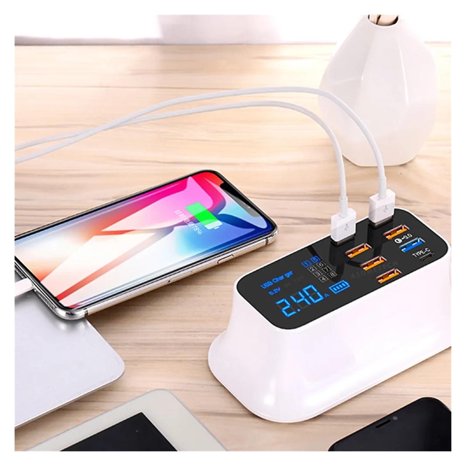 Charge Rapide 3.0 Chargeur USB Intelligent de Type C Chargeur USB de téléphone Charge Rapide Adaptateur de Prise de Bureau Station Affichage LED(40W 8Port PD)