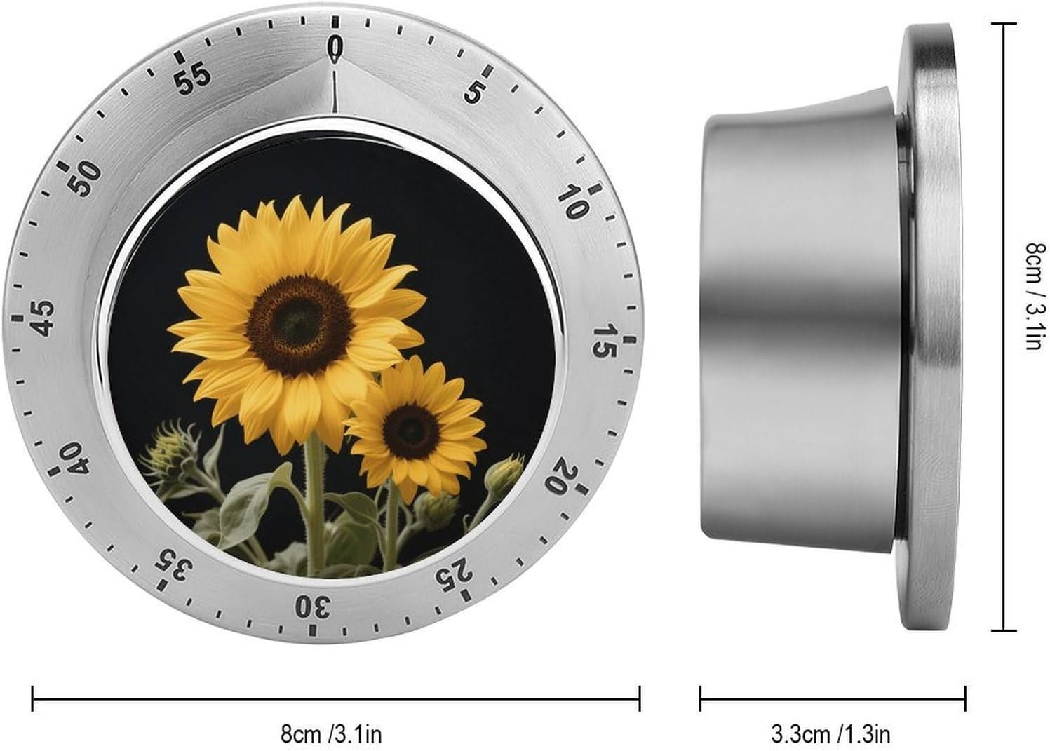 Mechanical Kitchen Timer 60 Min, Strong Magnetic Base & Loud Alarm, Battery-Free Stainless Steel Wind Up Sunflower Countdown Timer for Cooking Studying Gaming Classroom Office Gym image 2