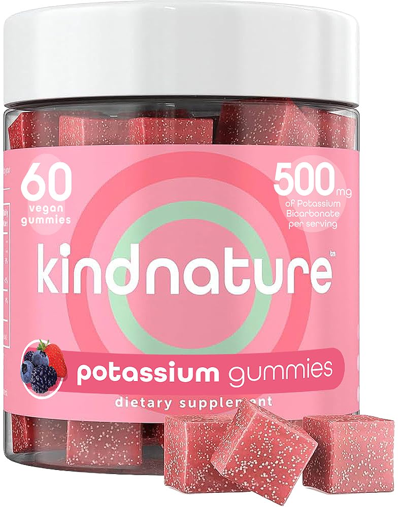 KINDNATURE High Potassium Supplement Gummies 500mg - Chewable for Adults & Kids - Pure Potassium Bicarbonate Mineral Supplement - Vegan, Gluten Free, Non GMO - 60 Gummies (30 Day Supply)