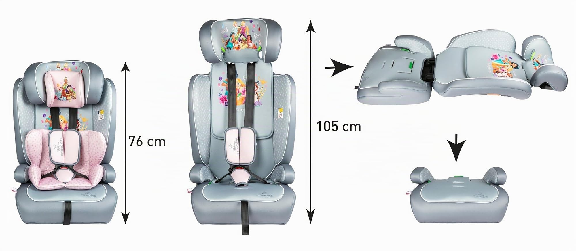 Siège auto Tataway Disney Princesses I-Size R129. Siège de sécurité pour enfant d'une hauteur de 76 à 150 cm. Appui-tête et rembourrage réglables.