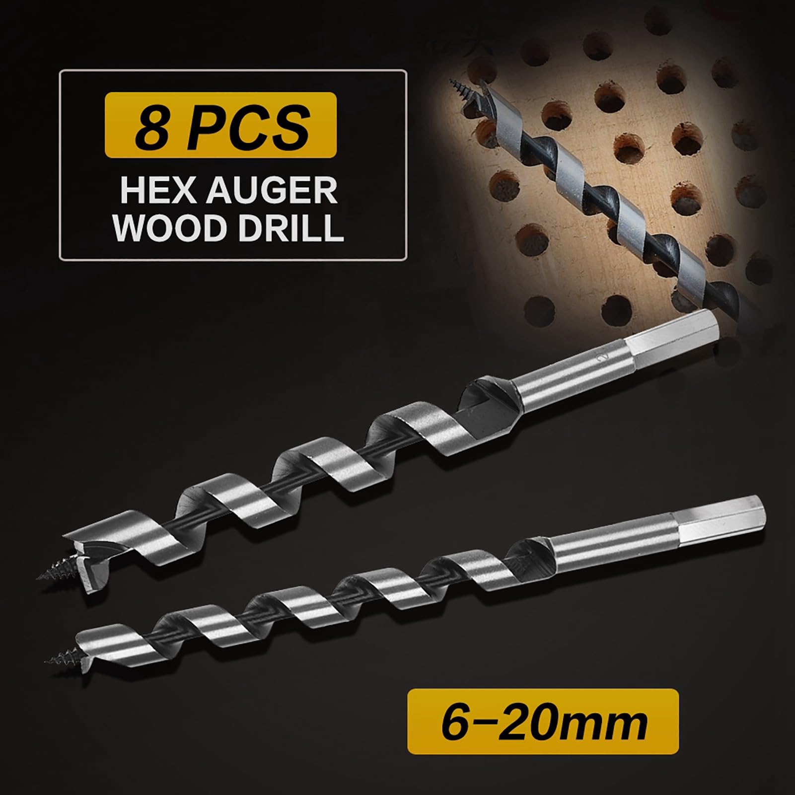 Ensemble de 8 forets à bois hélicoïdaux en acier au carbone, mèches à tarière hexagonale diamètres 6-20 mm, longueur 23 cm, avec coffret de rangement en bois