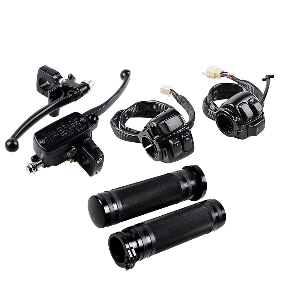 Motorcycle Horn Switch Control + Brake Master Cylinder Clutch Levers + CNC 1" Handlebar Hand Grips Compatible with 1996-2012 Harley Softail Dyna Sportster (Black)