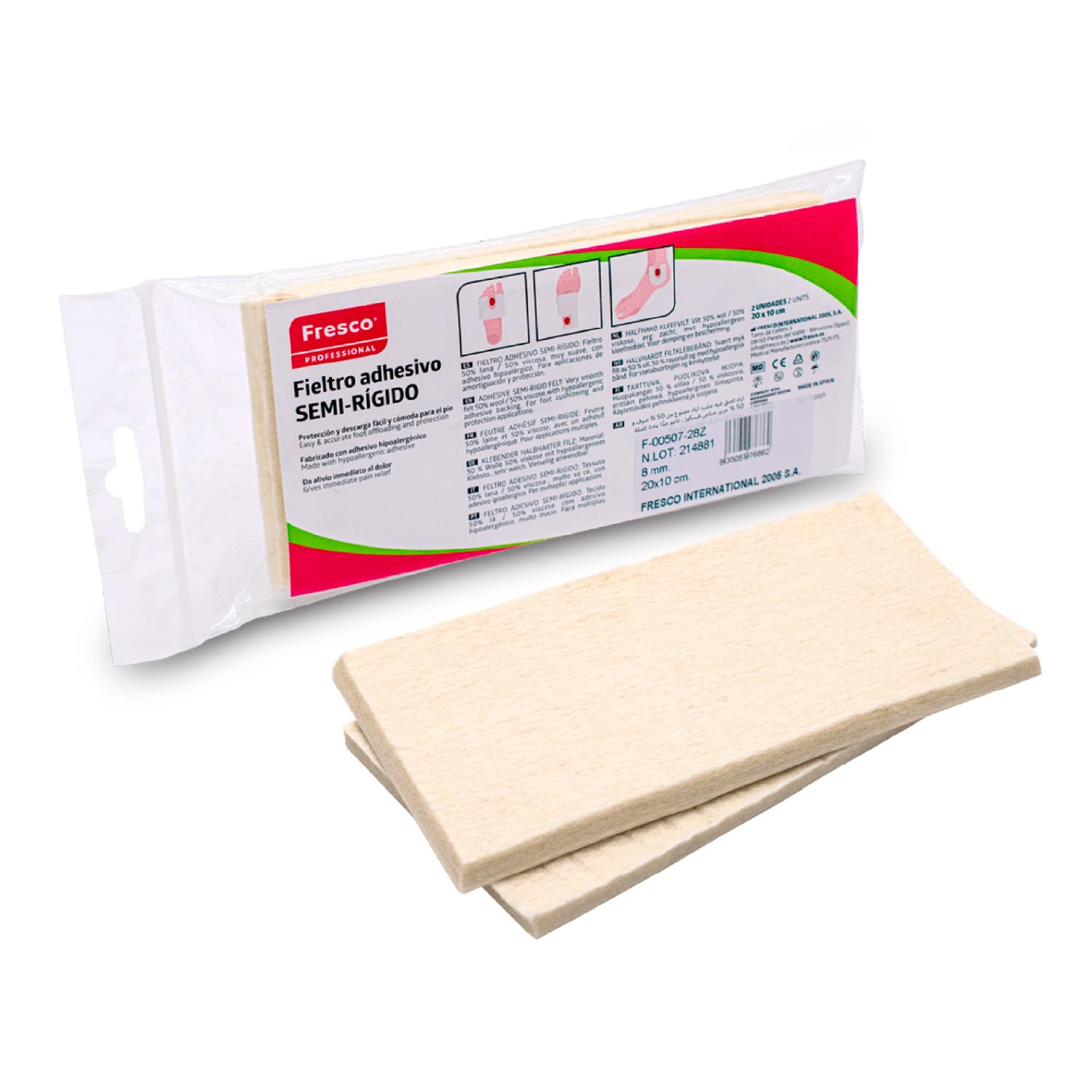 Fresco Fieltro Adhesivo semi duro. Podología. Descargas y protección en el pie. Apto pie diabético. 2 láminas 20x10cm, 8mm Grosor.