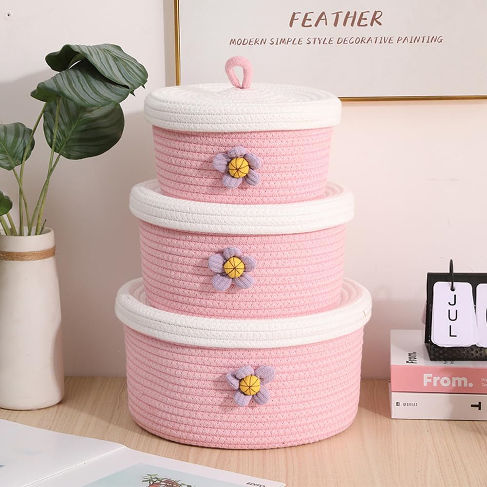 Panier de rangement rond avec couvercle pour cacher le désordre des petits objets