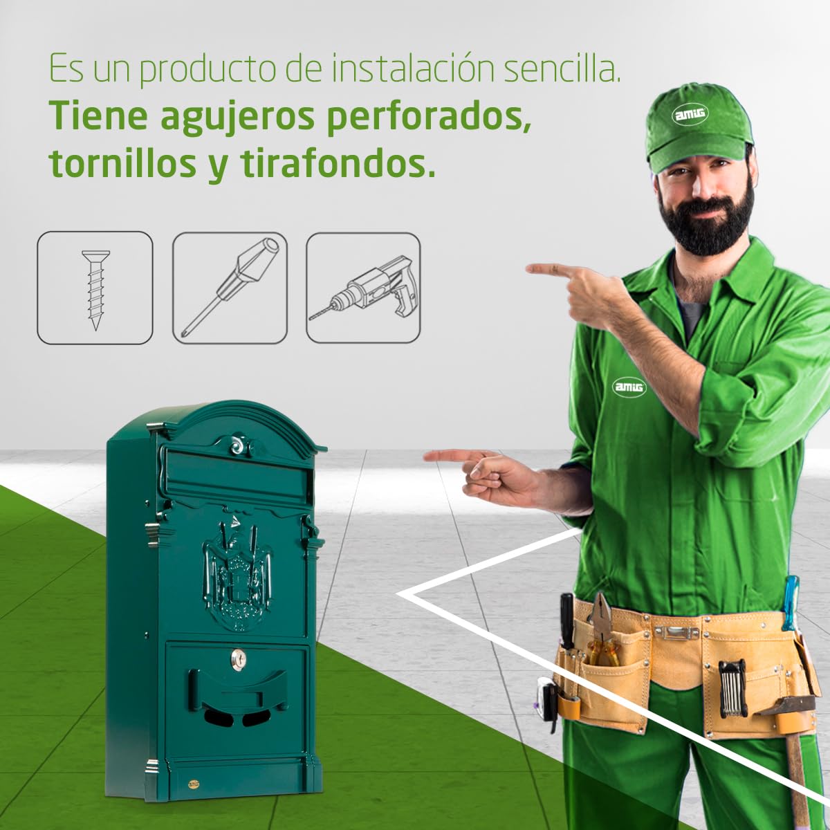 Amig - Buzón Exterior de Pared - Diseño Vintage - Tamaño Compacto para DIN A4 - Apertura Frontal con Cerradura - Aluminio - Verde - Fácil de Instalar en Puertas o Verjas - 40 x 24 x 8 cm