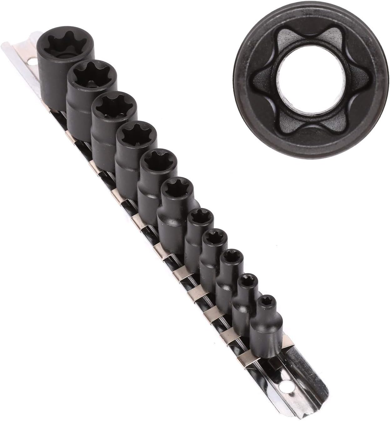 CASOMAN 11 PC Female E-TORX Star Socket Set with Rail, Female External Star Socket Set, E4 - E20 Torque Socket Set & 13 Piece Hex Bit Socket Set, S2 Steel Bit Socket Tool Kit, Metric, 2mm-14mm, Allen