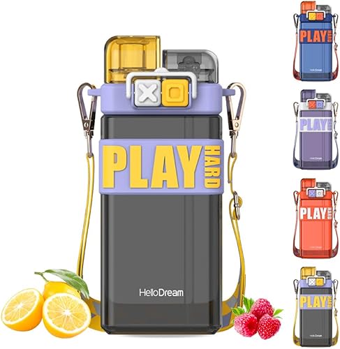 Botella de agua cuadrada a prueba de fugas de 18 onzas con botón separado y diseño de tapa abatible, boquilla y popote, botella deportiva sin BPA