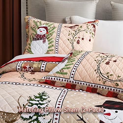 Image of HZ & HY Christmas Oversized Bedspread King Size, Winter Snowman Pattern Bedding Quilt, Rustic Lodge Plaid Patchwork Comforter Set, Lightweight & Soft Microfiber, 3 Piece, King /Cal King