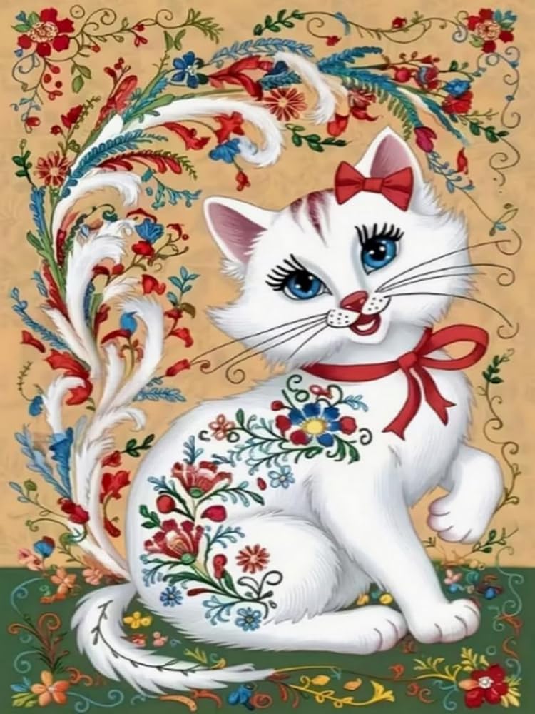 Renqidian Pre Printed Cross Stitch Kits White Cat 11CT Stamped Embroidery Kit DIY Needlework Art for Adults Beginners Home Decor（40x50 cm）