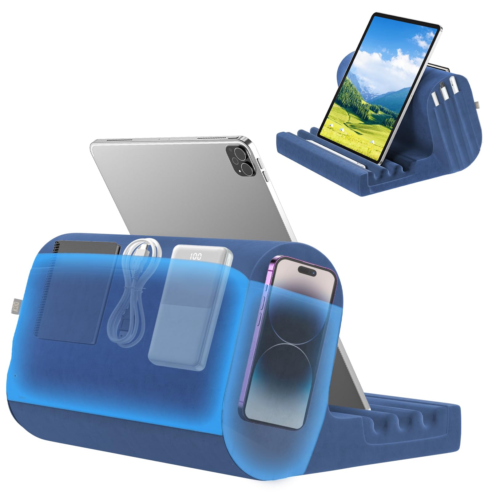 Tablet Pillow Holder, KDD Pillow Soft Pad for Lap, Bed and Desk Tablet Stand Dock with 2 Pocket and 3 Stylus Mount Compatible with iPad Pro 9.7, 10.5,12.9 Air Mini 5 4 3 2, Galaxy Tab, E-Reader (Blue)