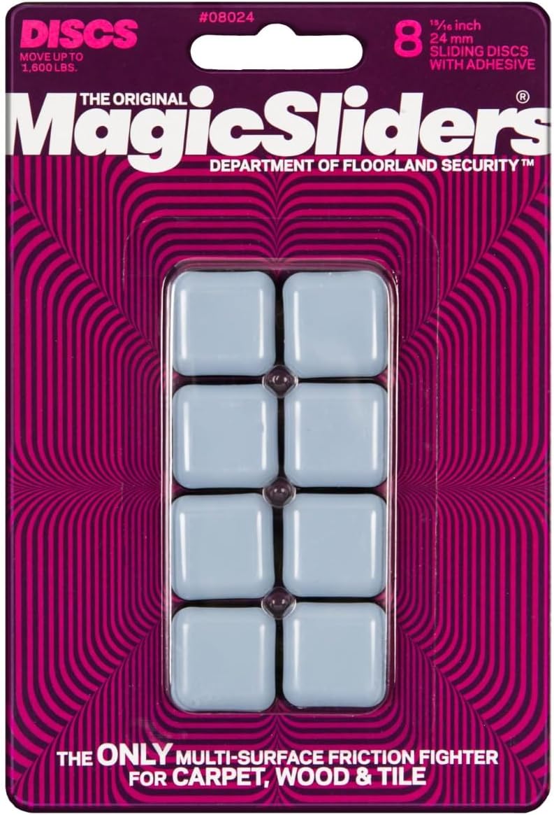 MAGIC SLIDERS - L P 8024 8 Pack 15/16" SQ Slider- Self-adhesive Furniture Disc Pad Sliders for Household Furniture to Protect Surfaces, Wood, Tile, Carpet, and Vinyl Floors