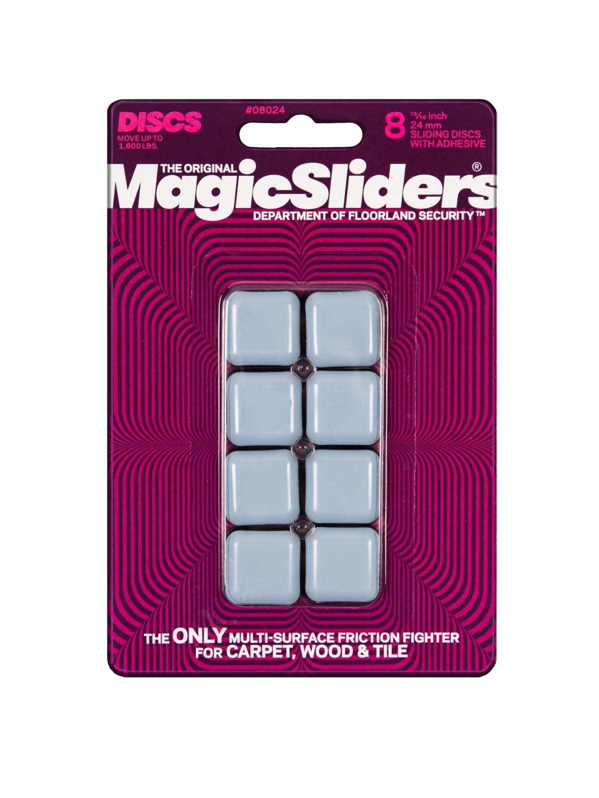 MAGIC SLIDERS - L P 8024 8 Pack 15/16" SQ Slider- Self-adhesive Furniture Disc Pad Sliders for Household Furniture to Protect Surfaces, Wood, Tile, Carpet, and Vinyl Floors