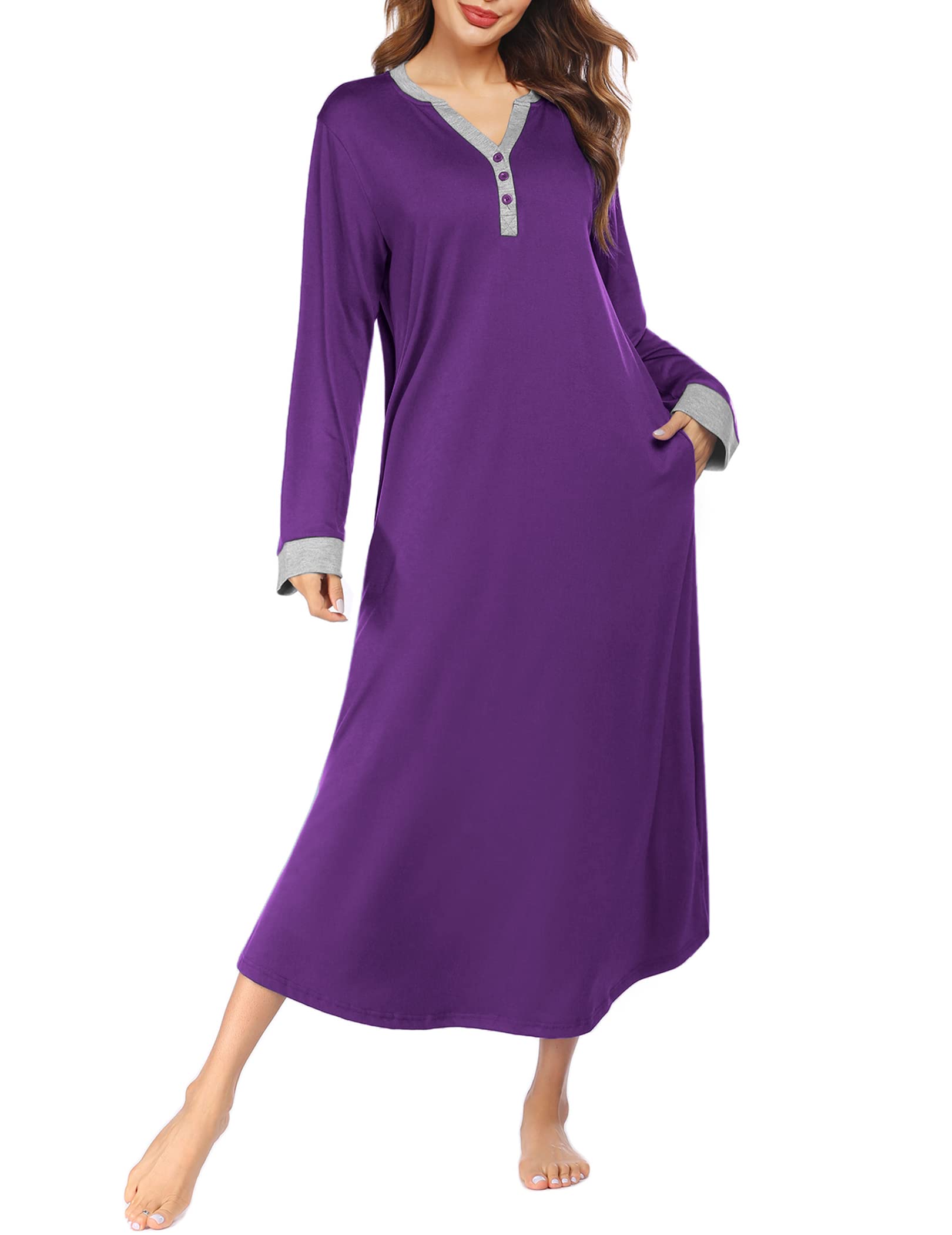 EkouaerWomens Nightgown Long Loungewear V Neck Nightshirt Sleepwear Full Length Sleepshirt with Pockets