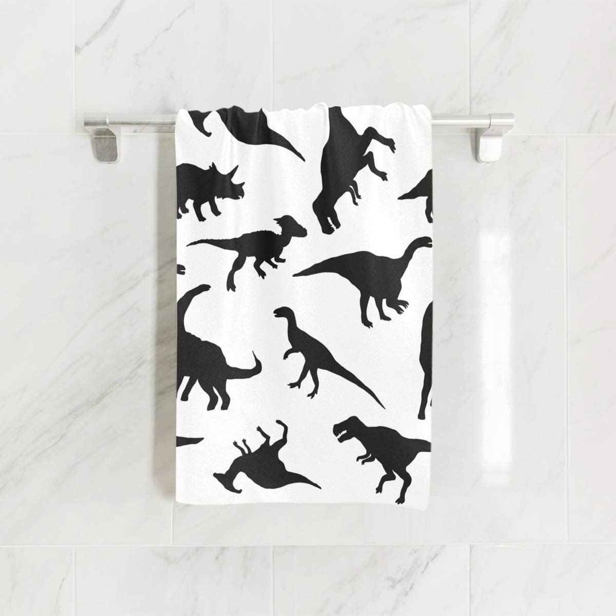 ZZAEO Dinosaurs Silhouette Black and White Seamless Animal Towel Hand Towel, 30 x 15 inch Thin Lightweight Soft Absorbent Fingertip Towel for Home Bathroom Theme Decor