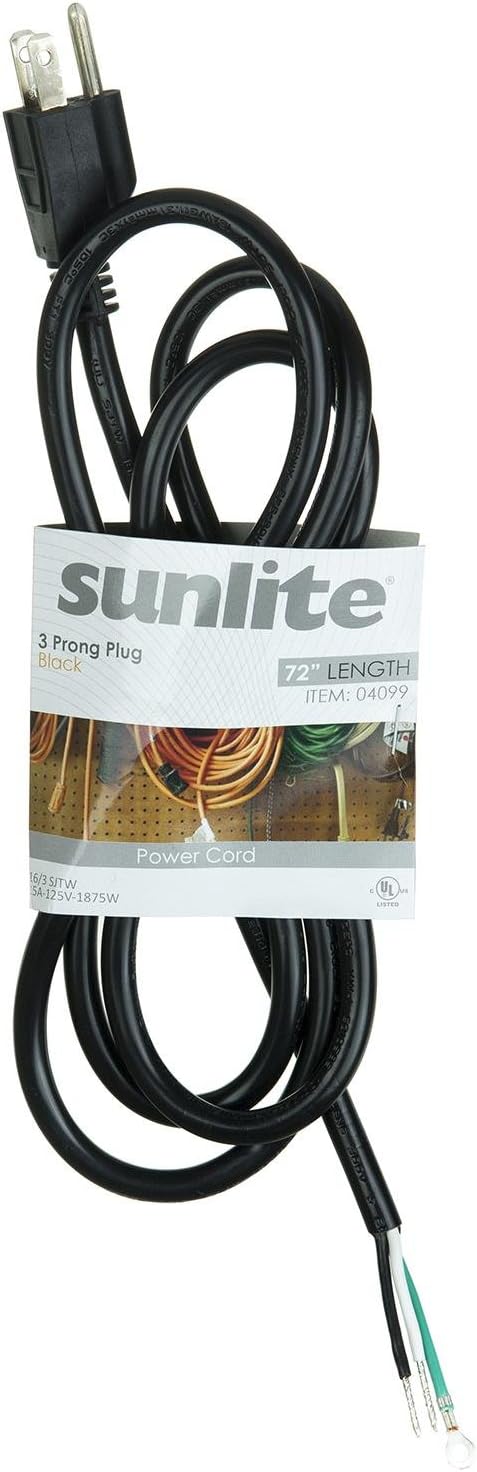 SUNLITE 3 Pronged 72in. Black Power Cord 1875 Watt max