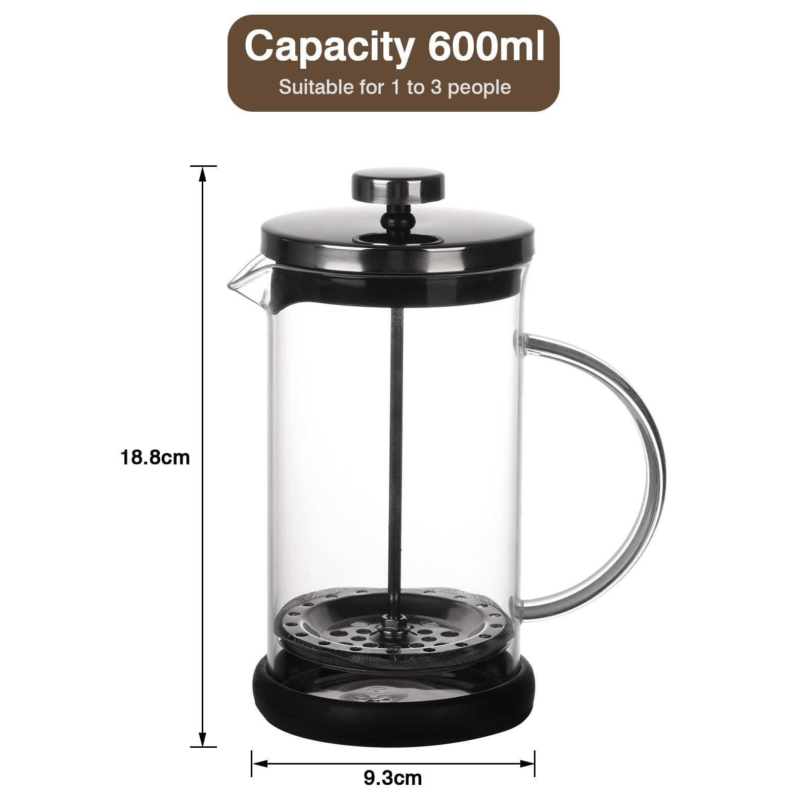 DATEFUN French Press, 600ml Caffettiera Francese con Tripli Filtri, Stantuffo in Acciaio e Contenitore in Vetro Borosilicato, Caffettiera Francese per Caffè o Tè, Lavabile in Lavastoviglie