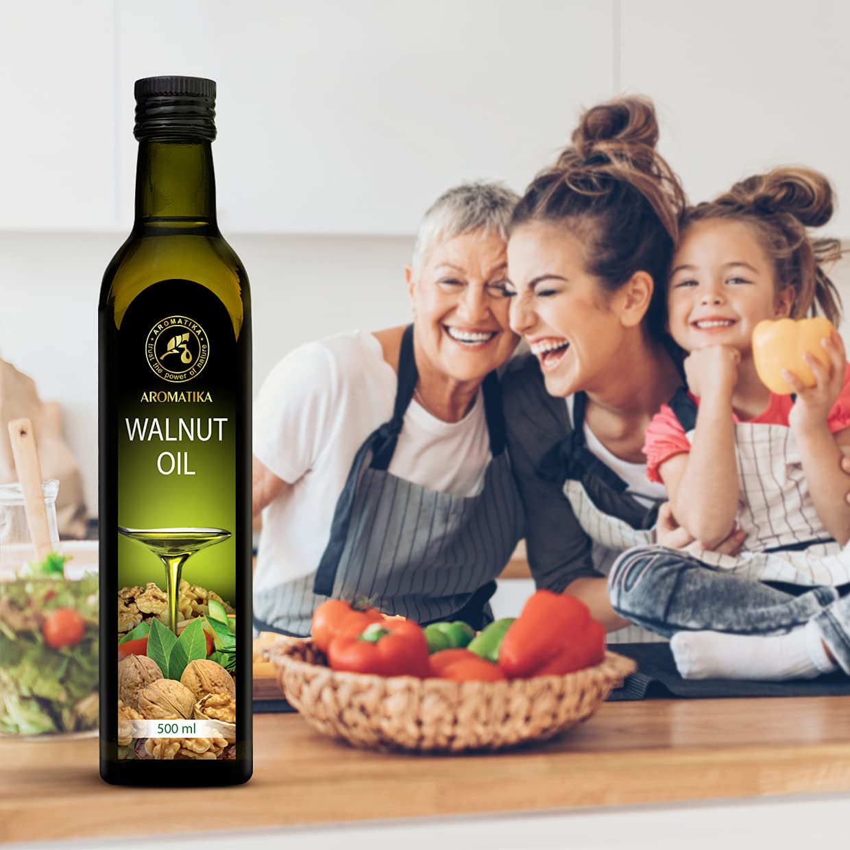 Olio di Noci Alimentare 500ml - Vegano Puro Vergine Crudo Spremuto a Freddo - Noci per Cucinare - Insalata e Condimenti - Usare a Crudo