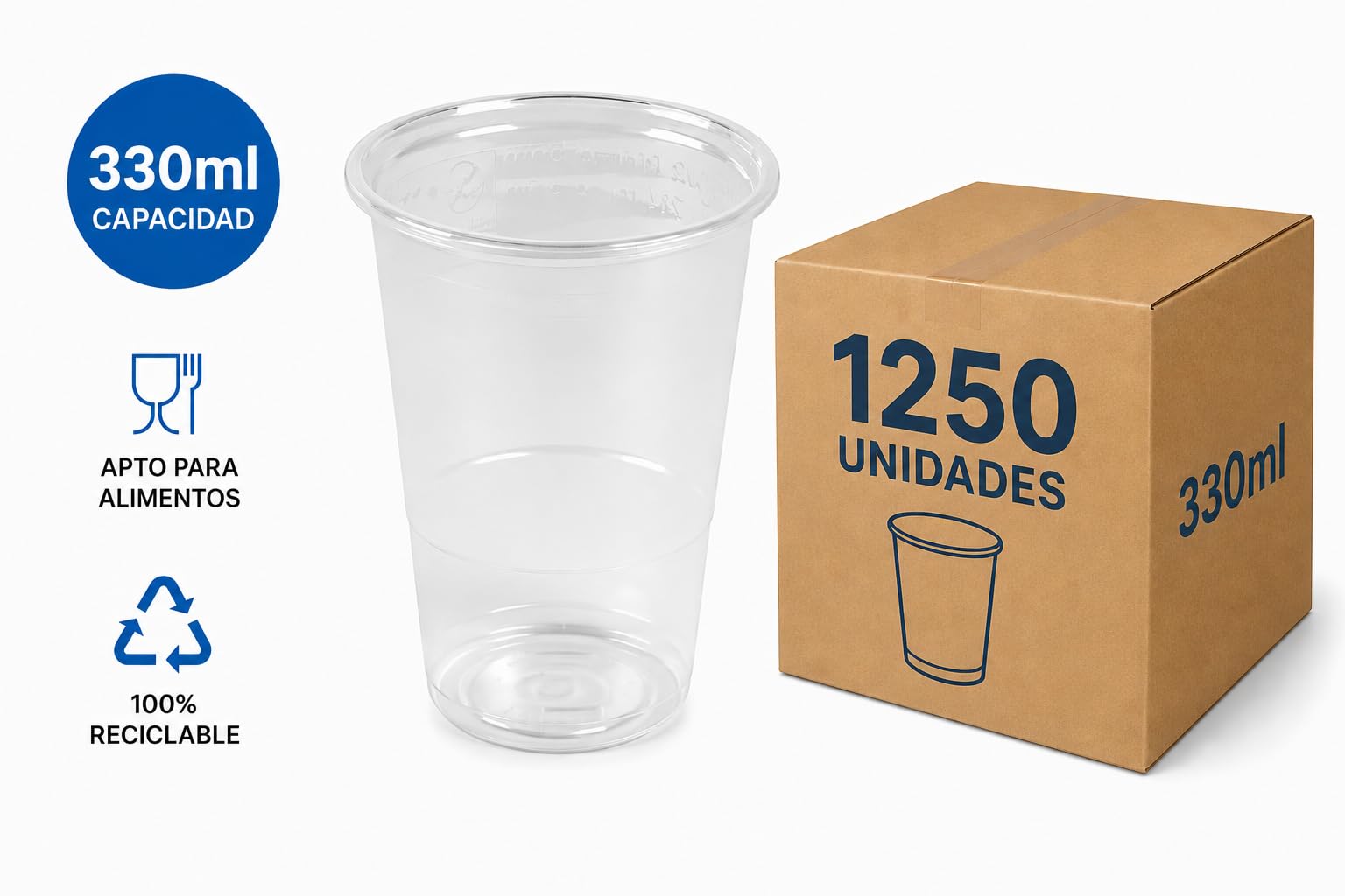 Vaso Transparente Polipropileno (PP) 330 ml - 1250 uds - Reutilizables - Ecológicos - Resistentes - Ideal para Fiestas, Oficinas, Catering