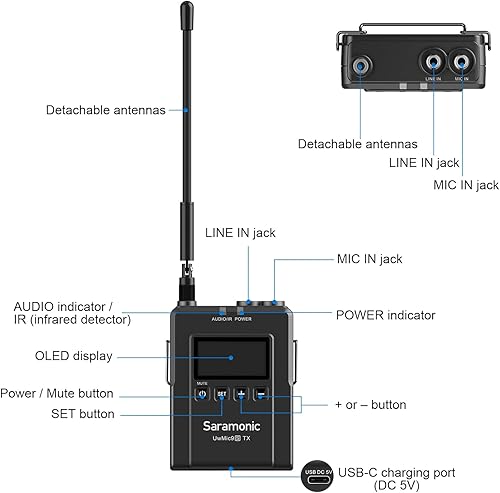 Miniatura 4 de Saramonic Sistema avanzado inalámbrico UHF Lavalier con receptor de montaje de cámara de doble canal, Lavalier DK3A premium, alimentación de iones