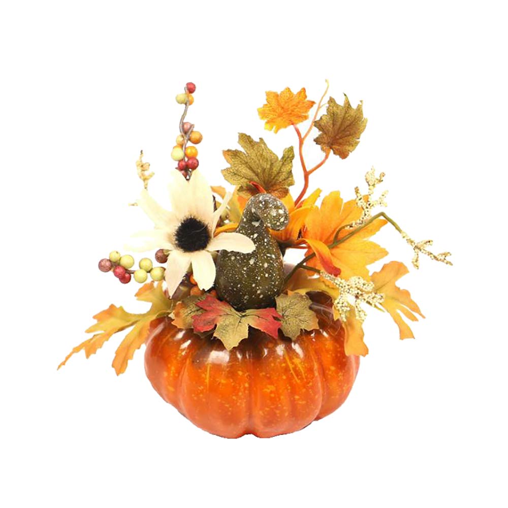 Alipher Artificial Pumpkins Halloween Table Pendulum Simulation Pumpkin Table Decor Autumn Harvest Display Thanksgiving Decoration with Faux Maple Flowers 1PCS (QJ703)