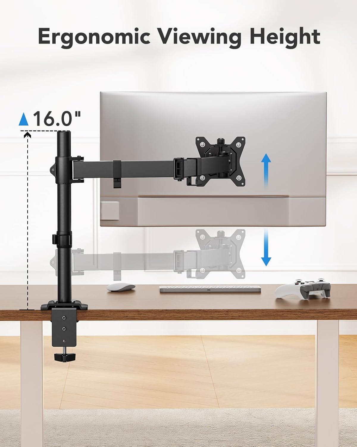 HUANUO Soporte de monitor individual, brazo de monitor para monitores de 13 a 32 pulgadas de hasta 17.6 libras, soporte de monitor ajustable con altura máxima de 16 pulgadas, soporte de escritorio con