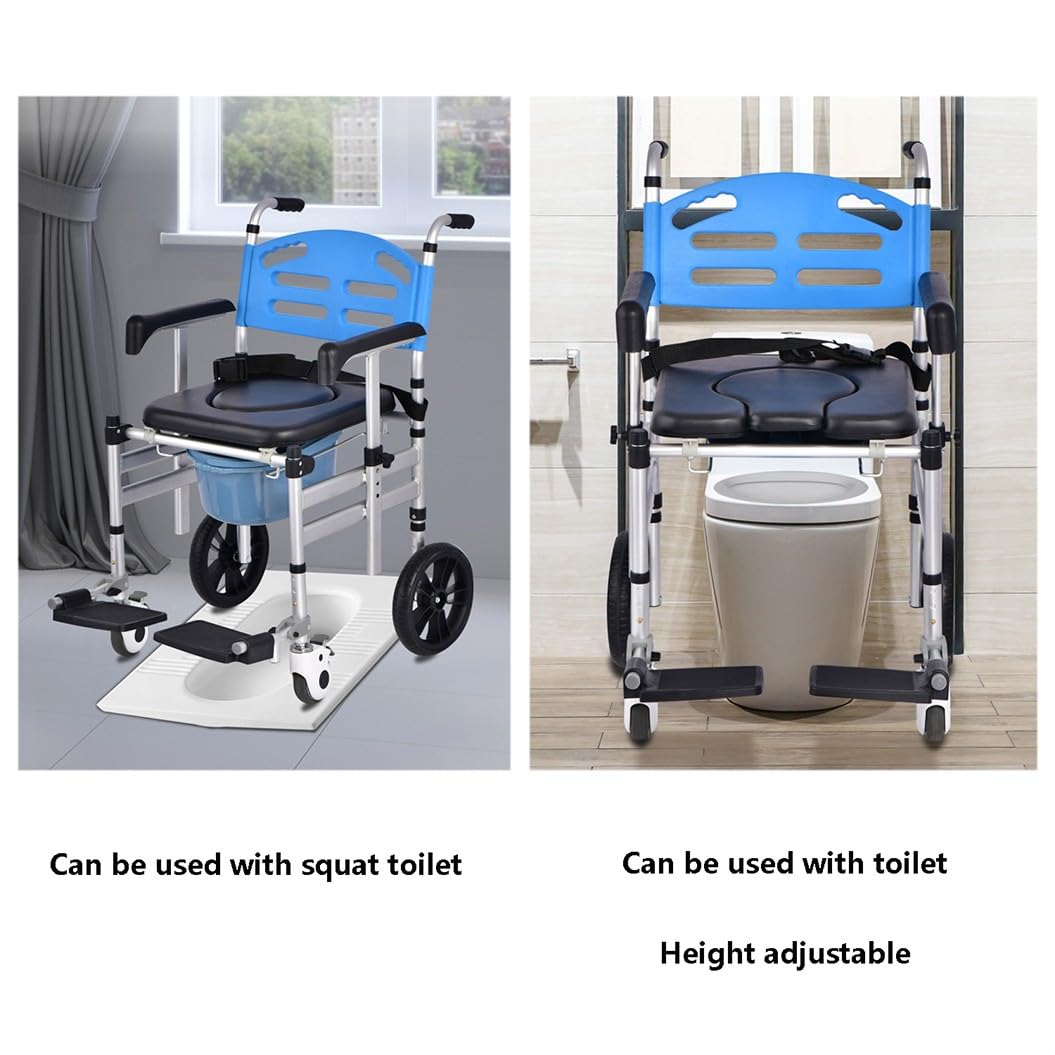 Sedia per WC regolabile in altezza,Sedia da Doccia con Ruote Pieghevole,Sedia wc portatile,per Anziani Multifunzione Sedia,per Anziani e disabili A