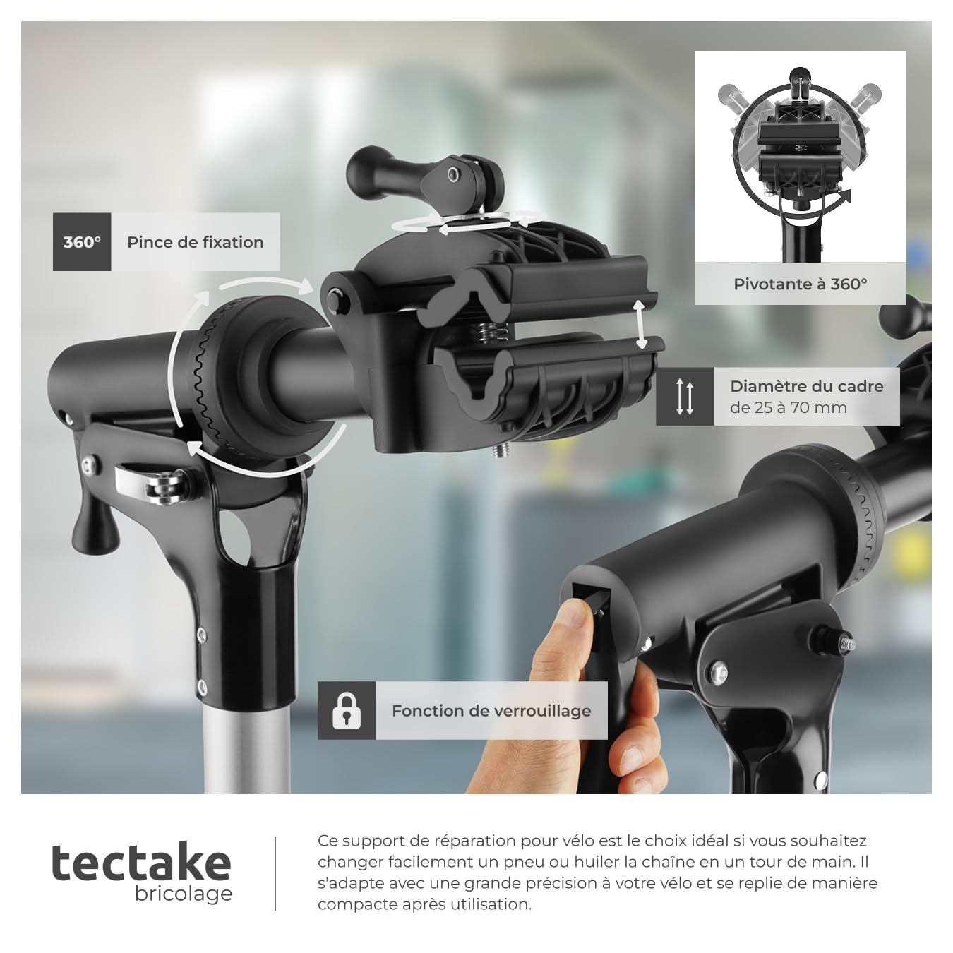 Support vélo au mur avec pince 360° pour réparation rangement