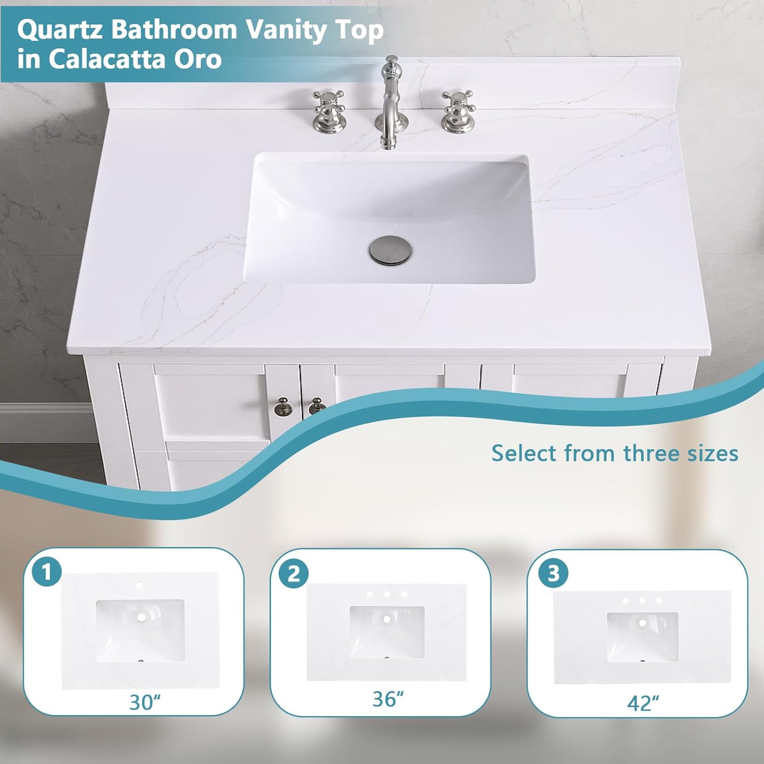42" x 22" Vanity Top, Quartz Vanity Sink Top, with Undermounted Rectangular Sink & 4" Height Backsplash Countertop, Pre-Drilled 3 Faucet Holes for Vanity Top with Sink, Calacatta Oro