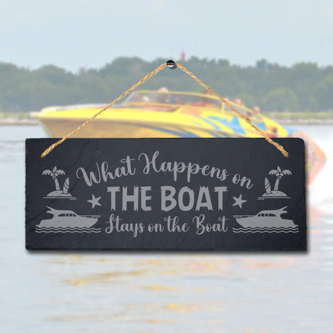 Stukk Natural Engraved Slate Stone Plaque What Happens On The Boat Stay Hanging Ocean Beach Sea Sign, 30X12cm